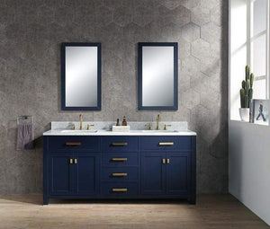 Water Creation Vanity Water Creation VMI072CWMB35 Madison 72 Inch Double Sink Carrara White Marble Vanity In Monarch Blue with Matching Mirror and Lavatory Faucet