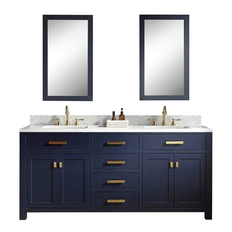 Water Creation Vanity Water Creation VMI072CWMB35 Madison 72 Inch Double Sink Carrara White Marble Vanity In Monarch Blue with Matching Mirror and Lavatory Faucet