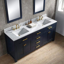Load image into Gallery viewer, Water Creation Vanity Water Creation VMI072CWMB35 Madison 72 Inch Double Sink Carrara White Marble Vanity In Monarch Blue with Matching Mirror and Lavatory Faucet