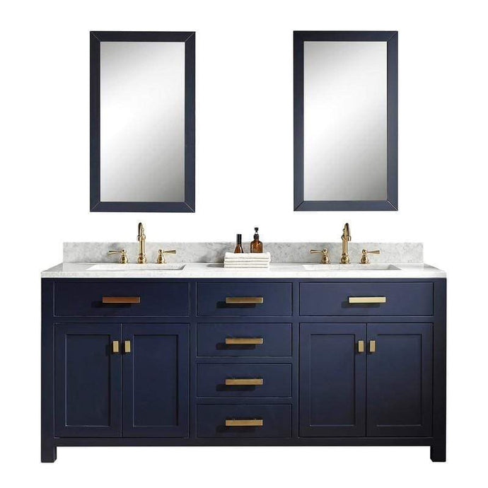 Water Creation Vanity Water Creation VMI072CWMB37 Madison 72 Inch Double Sink Carrara White Marble Vanity In Monarch Blue with Lavatory Faucet