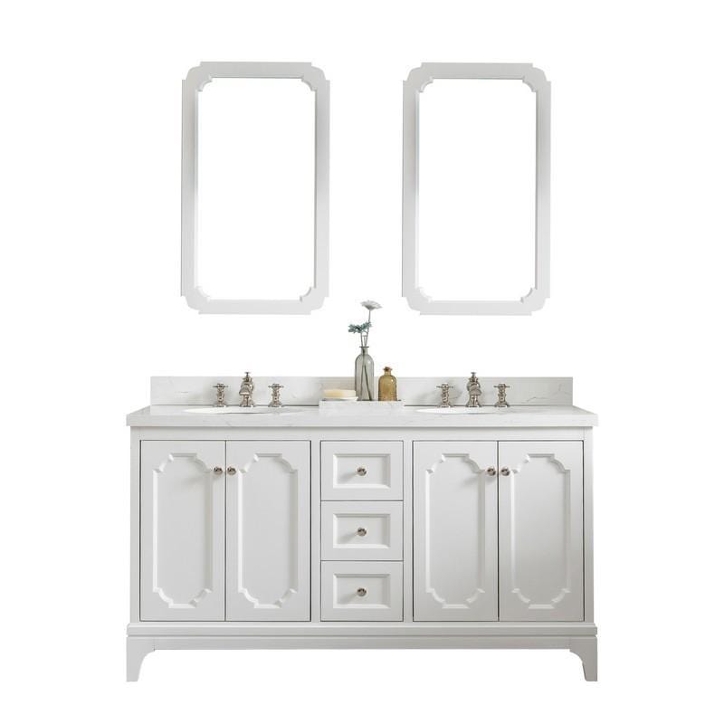 Water Creation Vanity Water Creation VQU060QCPW62 Queen 60 Inch Double Sink Quartz Carrara Vanity In Pure White with Lavatory Faucet