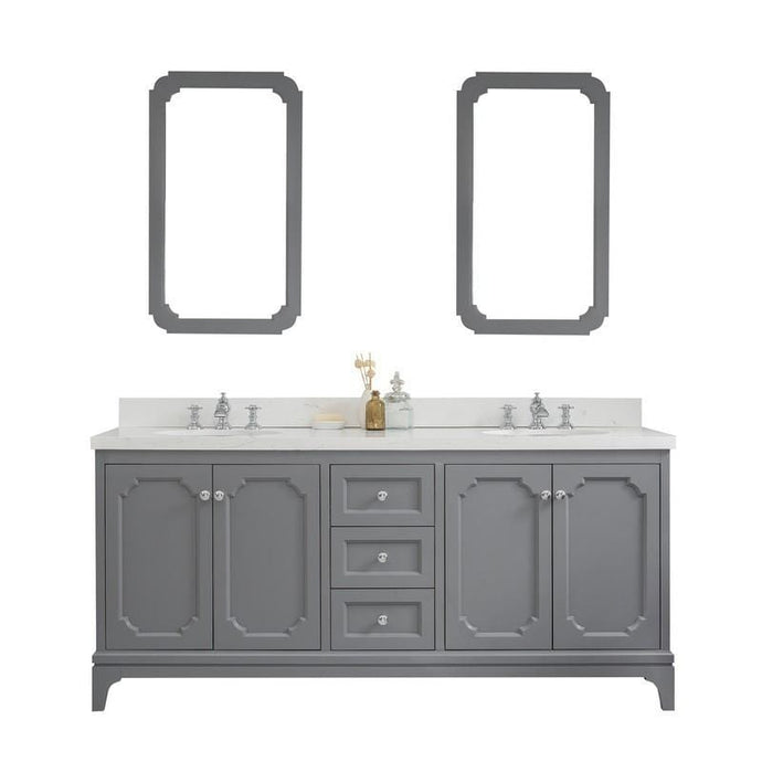 Water Creation Vanity Water Creation VQU072QCCG70 Queen 72 Inch Double Sink Quartz Carrara Vanity In Cashmere Grey with Matching Mirror and Lavatory Faucet