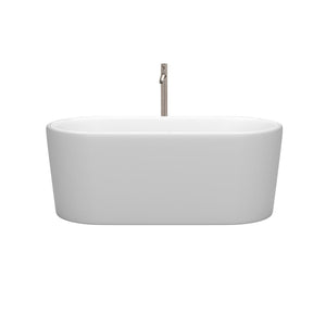 Wyndham Collection Bathtub Wyndham Collection WCBTE301159MWATP11BN Ursula 59 Inch Freestanding Bathtub in Matte White with Floor Mounted Faucet, Drain and Overflow Trim in Brushed Nickel