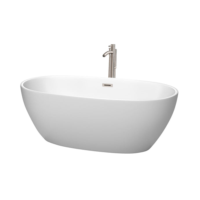 Wyndham Collection Bathtub Wyndham Collection WCBTE306163MWATP11BN Juno 63 Inch Freestanding Bathtub in Matte White with Floor Mounted Faucet, Drain and Overflow Trim in Brushed Nickel