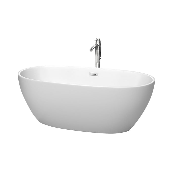 Wyndham Collection Bathtub Wyndham Collection WCBTE306163MWATP11PC Juno 63 Inch Freestanding Bathtub in Matte White with Floor Mounted Faucet, Drain and Overflow Trim in Polished Chrome