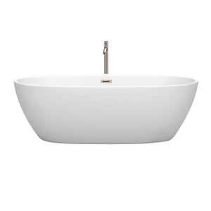 Wyndham Collection Bathtub Wyndham Collection WCBTE306171MWATP11BN Juno 71 Inch Freestanding Bathtub in Matte White with Floor Mounted Faucet, Drain and Overflow Trim in Brushed Nickel