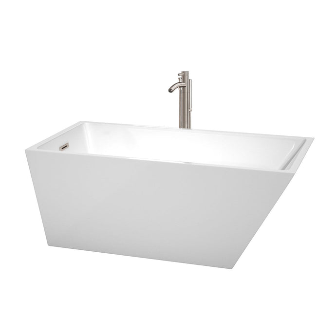 Wyndham Collection Bathtub Wyndham Collection WCBTK150159ATP11BN Hannah 59 Inch Freestanding Bathtub in White with Floor Mounted Faucet, Drain and Overflow Trim in Brushed Nickel