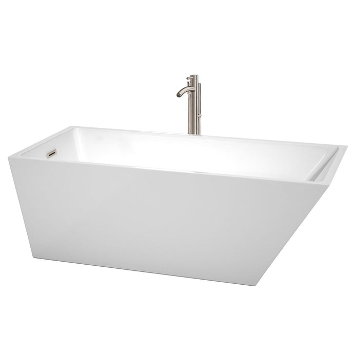 Wyndham Collection Bathtub Wyndham Collection WCBTK150167ATP11BN Hannah 67 Inch Freestanding Bathtub in White with Floor Mounted Faucet, Drain and Overflow Trim in Brushed Nickel