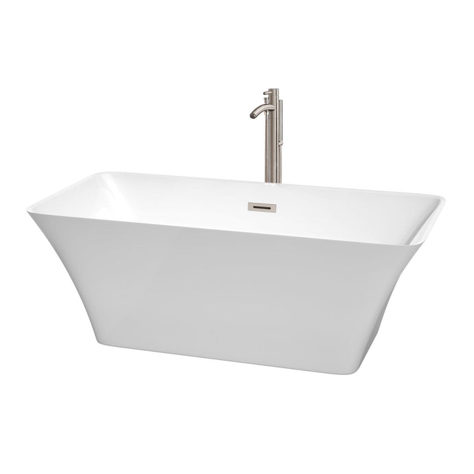 Wyndham Collection Bathtub Wyndham Collection WCBTK150459ATP11BN Tiffany 59 Inch Freestanding Bathtub in White with Floor Mounted Faucet, Drain and Overflow Trim in Brushed Nickel