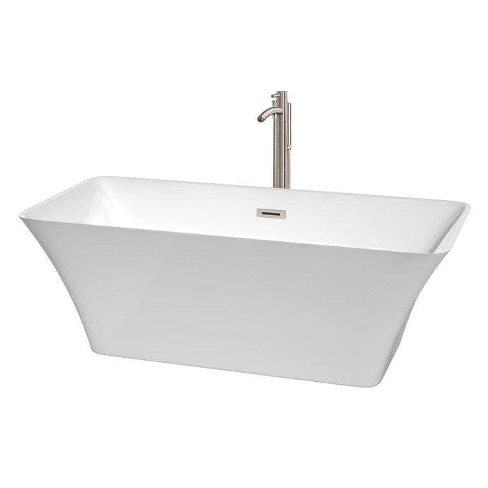 Wyndham Collection Bathtub Wyndham Collection WCBTK150467ATP11BN Tiffany 67 Inch Freestanding Bathtub in White with Floor Mounted Faucet, Drain and Overflow Trim in Brushed Nickel