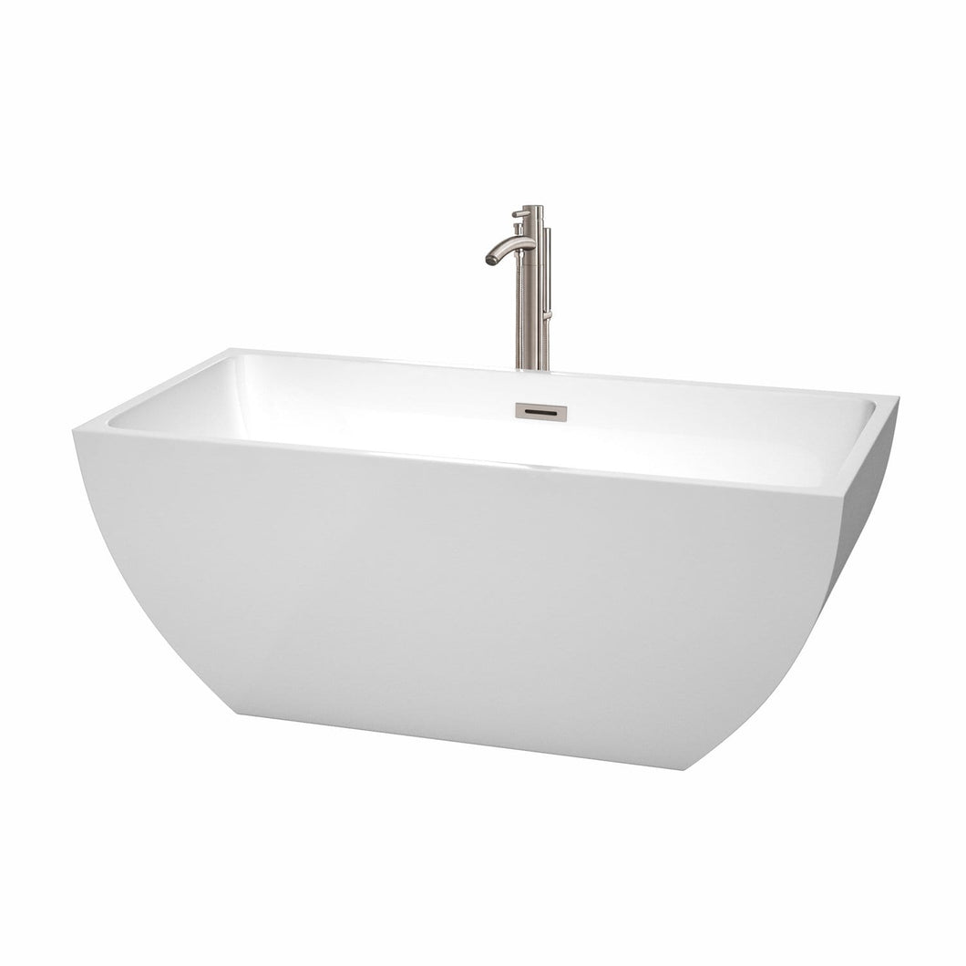Wyndham Collection Bathtub Wyndham Collection WCBTK150559ATP11BN Rachel 59 Inch Freestanding Bathtub in White with Floor Mounted Faucet, Drain and Overflow Trim in Brushed Nickel