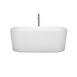 Wyndham Collection Bathtub Wyndham Collection WCBTK151159ATP11BN Ursula 59 Inch Freestanding Bathtub in White with Floor Mounted Faucet, Drain and Overflow Trim in Brushed Nickel