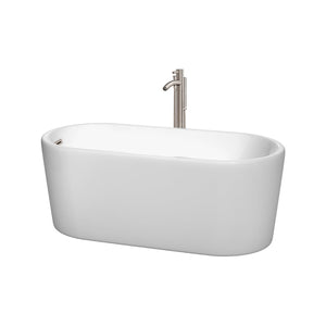 Wyndham Collection Bathtub Wyndham Collection WCBTK151159ATP11BN Ursula 59 Inch Freestanding Bathtub in White with Floor Mounted Faucet, Drain and Overflow Trim in Brushed Nickel