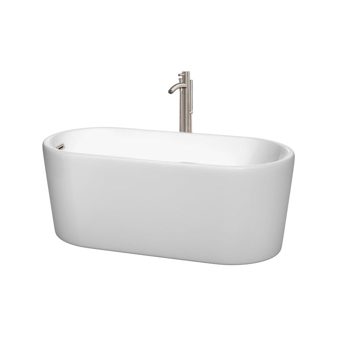 Wyndham Collection Bathtub Wyndham Collection WCBTK151159ATP11BN Ursula 59 Inch Freestanding Bathtub in White with Floor Mounted Faucet, Drain and Overflow Trim in Brushed Nickel