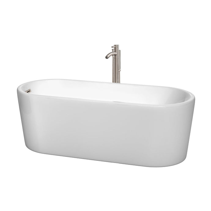 Wyndham Collection Bathtub Wyndham Collection WCBTK151167ATP11BN Ursula 67 Inch Freestanding Bathtub in White with Floor Mounted Faucet, Drain and Overflow Trim in Brushed Nickel