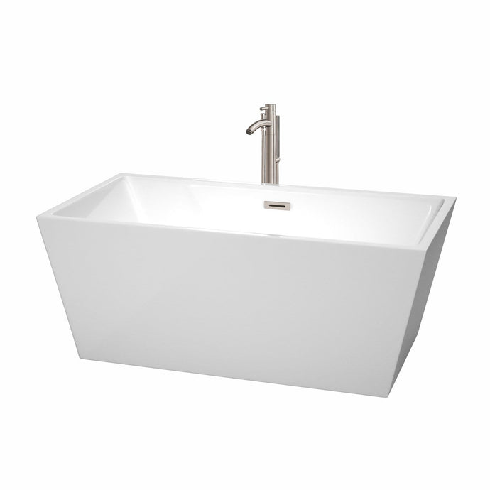 Wyndham Collection Bathtub Wyndham Collection WCBTK151459ATP11BN Sara 59 Inch Freestanding Bathtub in White with Floor Mounted Faucet, Drain and Overflow Trim in Brushed Nickel