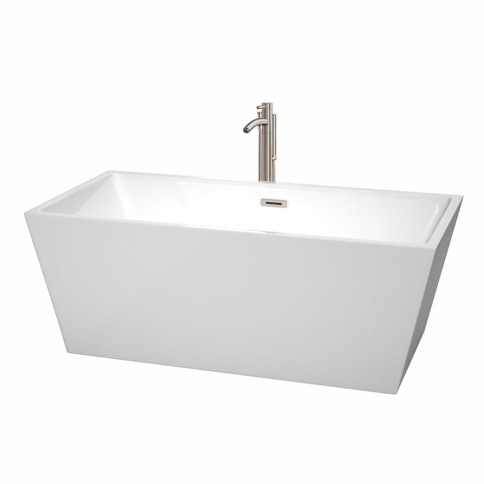 Wyndham Collection Bathtub Wyndham Collection WCBTK151463ATP11BN Sara 63 Inch Freestanding Bathtub in White with Floor Mounted Faucet, Drain and Overflow Trim in Brushed Nickel