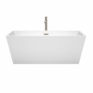 Wyndham Collection Bathtub Wyndham Collection WCBTK151463ATP11BN Sara 63 Inch Freestanding Bathtub in White with Floor Mounted Faucet, Drain and Overflow Trim in Brushed Nickel