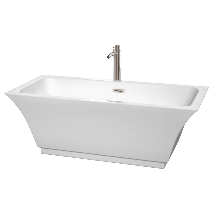 Wyndham Collection Bathtub Wyndham Collection WCBTK151967ATP11BN Galina 67 Inch Freestanding Bathtub in White with Floor Mounted Faucet, Drain and Overflow Trim in Brushed Nickel