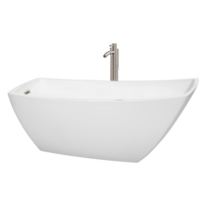 Wyndham Collection Bathtub Wyndham Collection WCBTK153367ATP11BN Antigua 67 Inch Freestanding Bathtub in White with Floor Mounted Faucet, Drain and Overflow Trim in Brushed Nickel