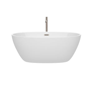 Wyndham Collection Bathtub Wyndham Collection WCBTK156159ATP11BN Juno 59 Inch Freestanding Bathtub in White with Floor Mounted Faucet, Drain and Overflow Trim in Brushed Nickel