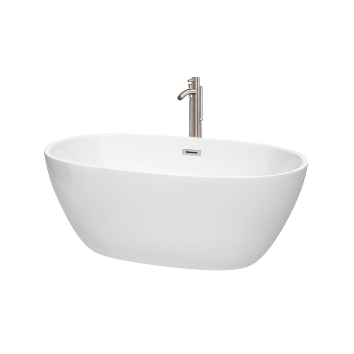 Wyndham Collection Bathtub Wyndham Collection WCBTK156159ATP11BN Juno 59 Inch Freestanding Bathtub in White with Floor Mounted Faucet, Drain and Overflow Trim in Brushed Nickel