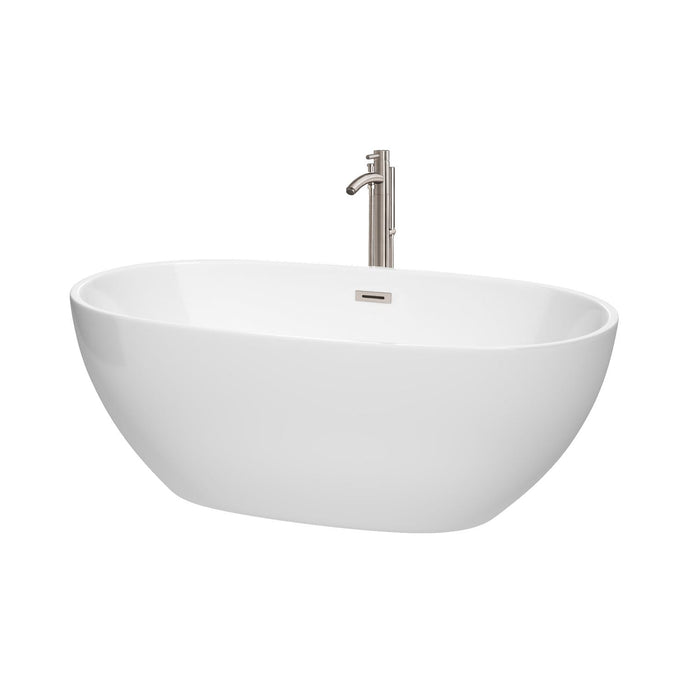 Wyndham Collection Bathtub Wyndham Collection WCBTK156163ATP11BN Juno 63 Inch Freestanding Bathtub in White with Floor Mounted Faucet, Drain and Overflow Trim in Brushed Nickel