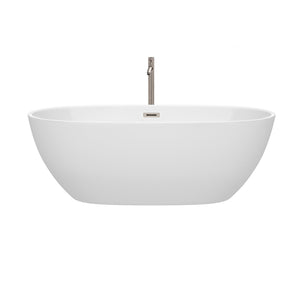 Wyndham Collection Bathtub Wyndham Collection WCBTK156167ATP11BN Juno 67 Inch Freestanding Bathtub in White with Floor Mounted Faucet, Drain and Overflow Trim in Brushed Nickel