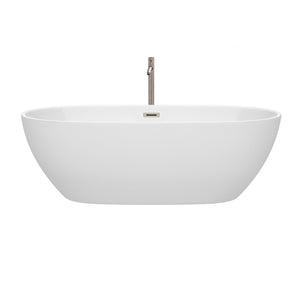 Wyndham Collection Bathtub Wyndham Collection WCBTK156171ATP11BN Juno 71 Inch Freestanding Bathtub in White with Floor Mounted Faucet, Drain and Overflow Trim in Brushed Nickel