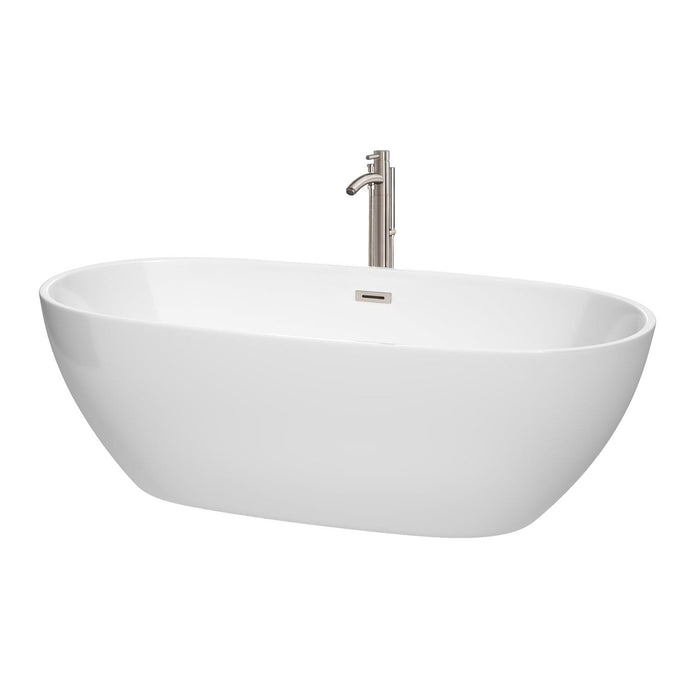 Wyndham Collection Bathtub Wyndham Collection WCBTK156171ATP11BN Juno 71 Inch Freestanding Bathtub in White with Floor Mounted Faucet, Drain and Overflow Trim in Brushed Nickel