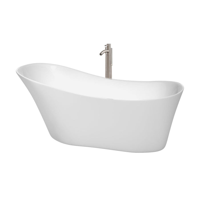 Wyndham Collection Bathtub Wyndham Collection WCBTO85467ATP11BN Janice 67 Inch Freestanding Bathtub in White with Floor Mounted Faucet, Drain and Overflow Trim in Brushed Nickel