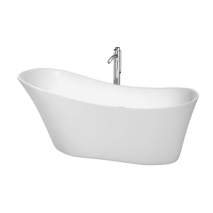 Wyndham Collection Bathtub Wyndham Collection WCBTO85467ATP11PC Janice 67 Inch Freestanding Bathtub in White with Floor Mounted Faucet, Drain and Overflow Trim in Polished Chrome