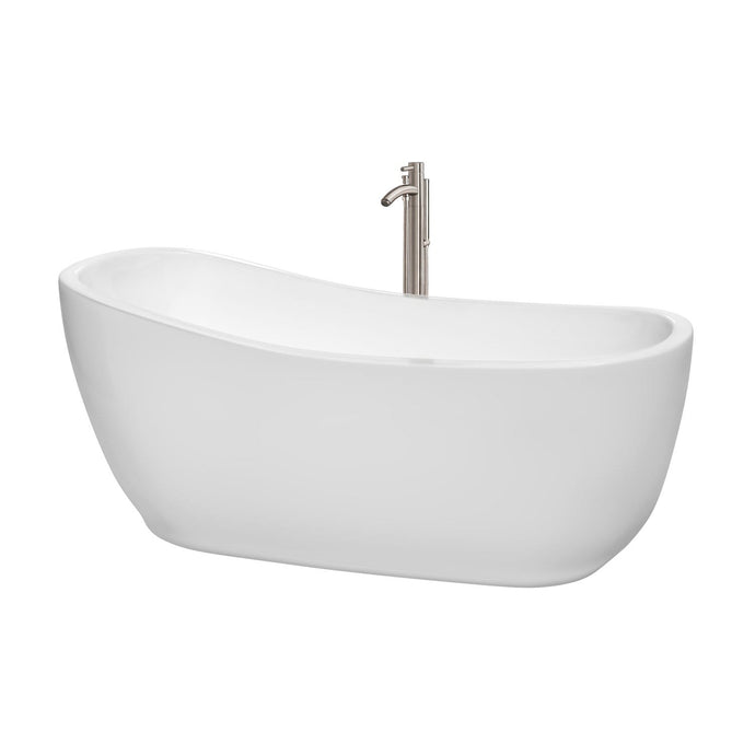 Wyndham Collection Bathtub Wyndham Collection WCBTO85666ATP11BN Margaret 66 Inch Freestanding Bathtub in White with Floor Mounted Faucet, Drain and Overflow Trim in Brushed Nickel