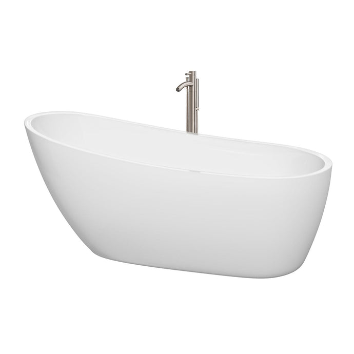 Wyndham Collection Bathtub Wyndham Collection WCBTO85968ATP11BN Florence 68 Inch Freestanding Bathtub in White with Floor Mounted Faucet, Drain and Overflow Trim in Brushed Nickel