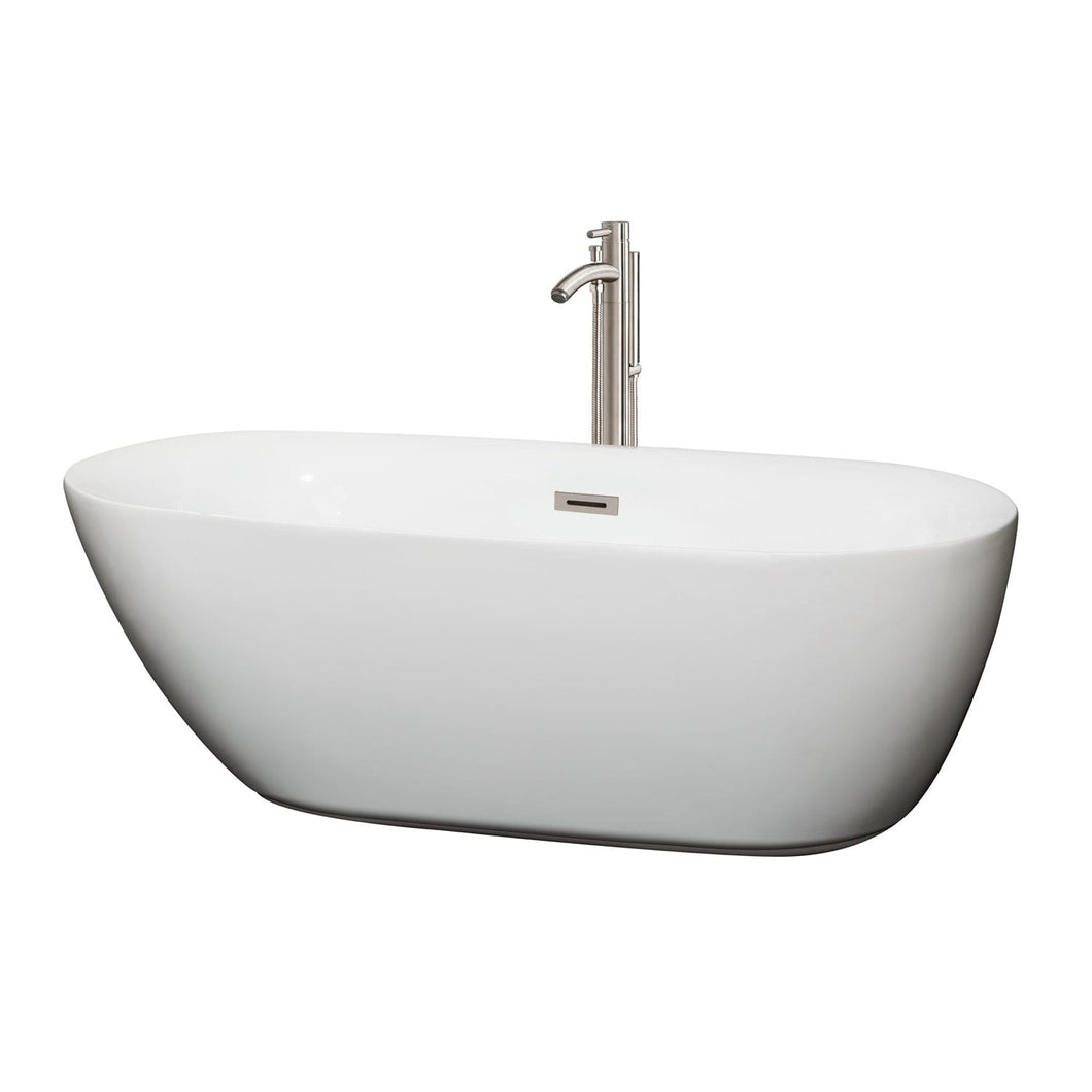 Wyndham Collection Bathtub Wyndham Collection WCOBT100065ATP11BN Melissa 65 Inch Freestanding Bathtub in White with Floor Mounted Faucet, Drain and Overflow Trim in Brushed Nickel