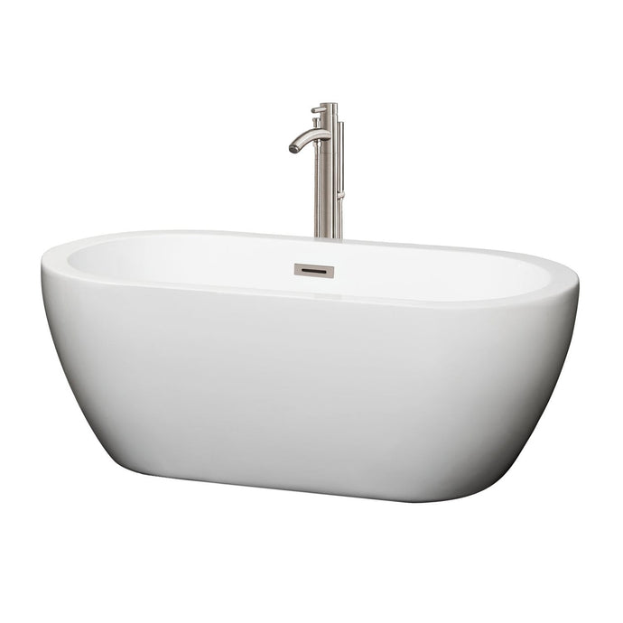 Wyndham Collection Bathtub Wyndham Collection WCOBT100260ATP11BN Soho 60 Inch Freestanding Bathtub in White with Floor Mounted Faucet, Drain and Overflow Trim in Brushed Nickel