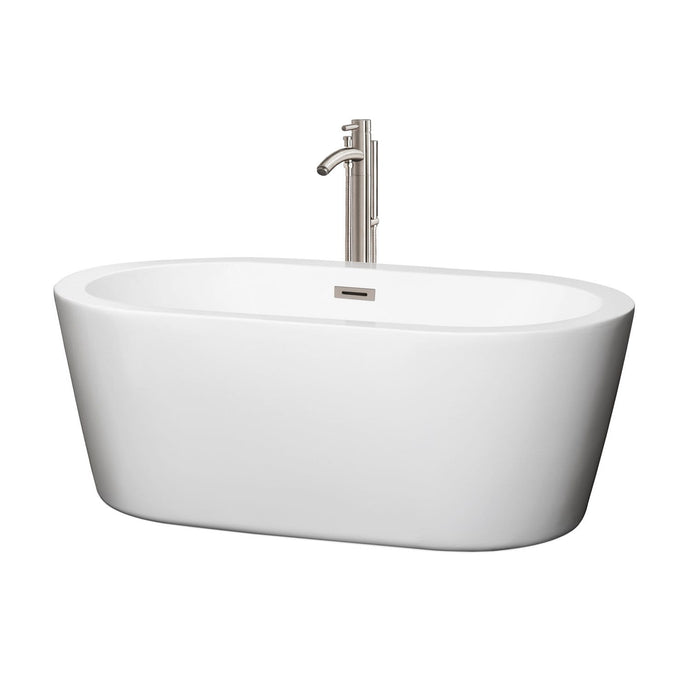 Wyndham Collection Bathtub Wyndham Collection WCOBT100360ATP11BN Mermaid 60 Inch Freestanding Bathtub in White with Floor Mounted Faucet, Drain and Overflow Trim in Brushed Nickel