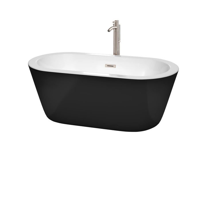 Wyndham Collection Bathtub Wyndham Collection WCOBT100360BKATP11BN Mermaid 60 Inch Freestanding Bathtub in Black with White Interior with Floor Mounted Faucet, Drain and Overflow Trim in Brushed Nickel