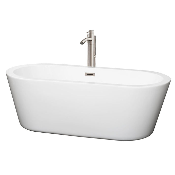 Wyndham Collection Bathtub Wyndham Collection WCOBT100367ATP11BN Mermaid 67 Inch Freestanding Bathtub in White with Floor Mounted Faucet, Drain and Overflow Trim in Brushed Nickel