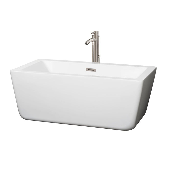 Wyndham Collection Bathtub Wyndham Collection WCOBT100559ATP11BN Laura 59 Inch Freestanding Bathtub in White with Floor Mounted Faucet, Drain and Overflow Trim in Brushed Nickel
