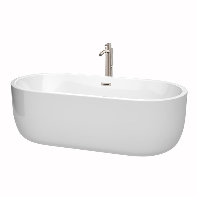Wyndham Collection Bathtub Wyndham Collection WCOBT101371ATP11BN Juliette 71 Inch Freestanding Bathtub in White with Floor Mounted Faucet, Drain and Overflow Trim in Brushed Nickel