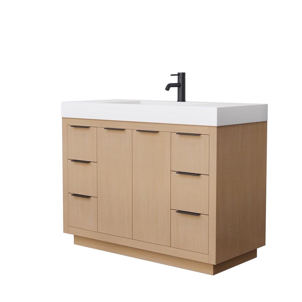 Wyndham Collection Vanity Wyndham Collection WCF282848SLBK4INTMXX Maroni 48 Inch Single Bathroom Vanity in Light Straw, 4 Inch Thick Matte White Solid Surface Countertop, Integrated Sink, Matte Black Trim