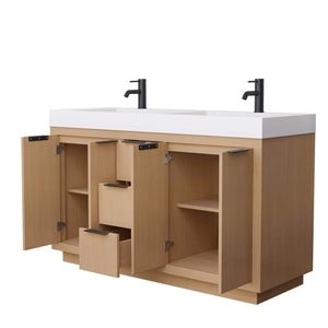 Wyndham Collection Vanity Wyndham Collection WCF282860DLBK4INTMXX Maroni 60 Inch Double Bathroom Vanity in Light Straw, 4 Inch Thick Matte White Solid Surface Countertop, Integrated Sinks, Matte Black Trim