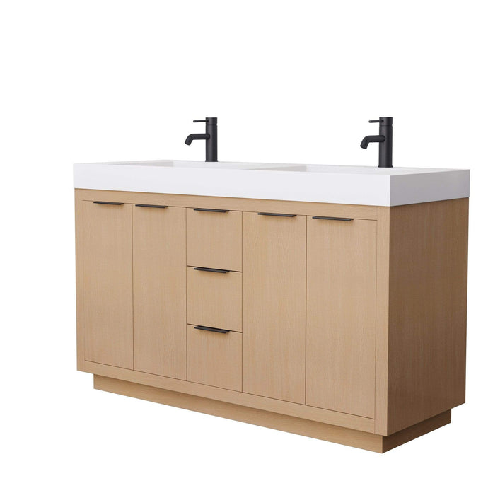 Wyndham Collection Vanity Wyndham Collection WCF282860DLBK4INTMXX Maroni 60 Inch Double Bathroom Vanity in Light Straw, 4 Inch Thick Matte White Solid Surface Countertop, Integrated Sinks, Matte Black Trim