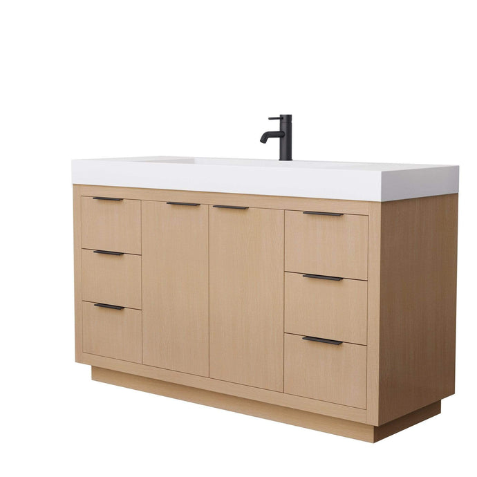 Wyndham Collection Vanity Wyndham Collection WCF282860SLBK4INTMXX Maroni 60 Inch Single Bathroom Vanity in Light Straw, 4 Inch Thick Matte White Solid Surface Countertop, Integrated Sink, Matte Black Trim