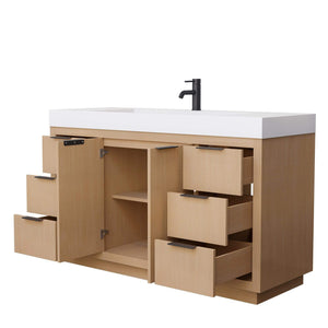 Wyndham Collection Vanity Wyndham Collection WCF282860SLBK4INTMXX Maroni 60 Inch Single Bathroom Vanity in Light Straw, 4 Inch Thick Matte White Solid Surface Countertop, Integrated Sink, Matte Black Trim