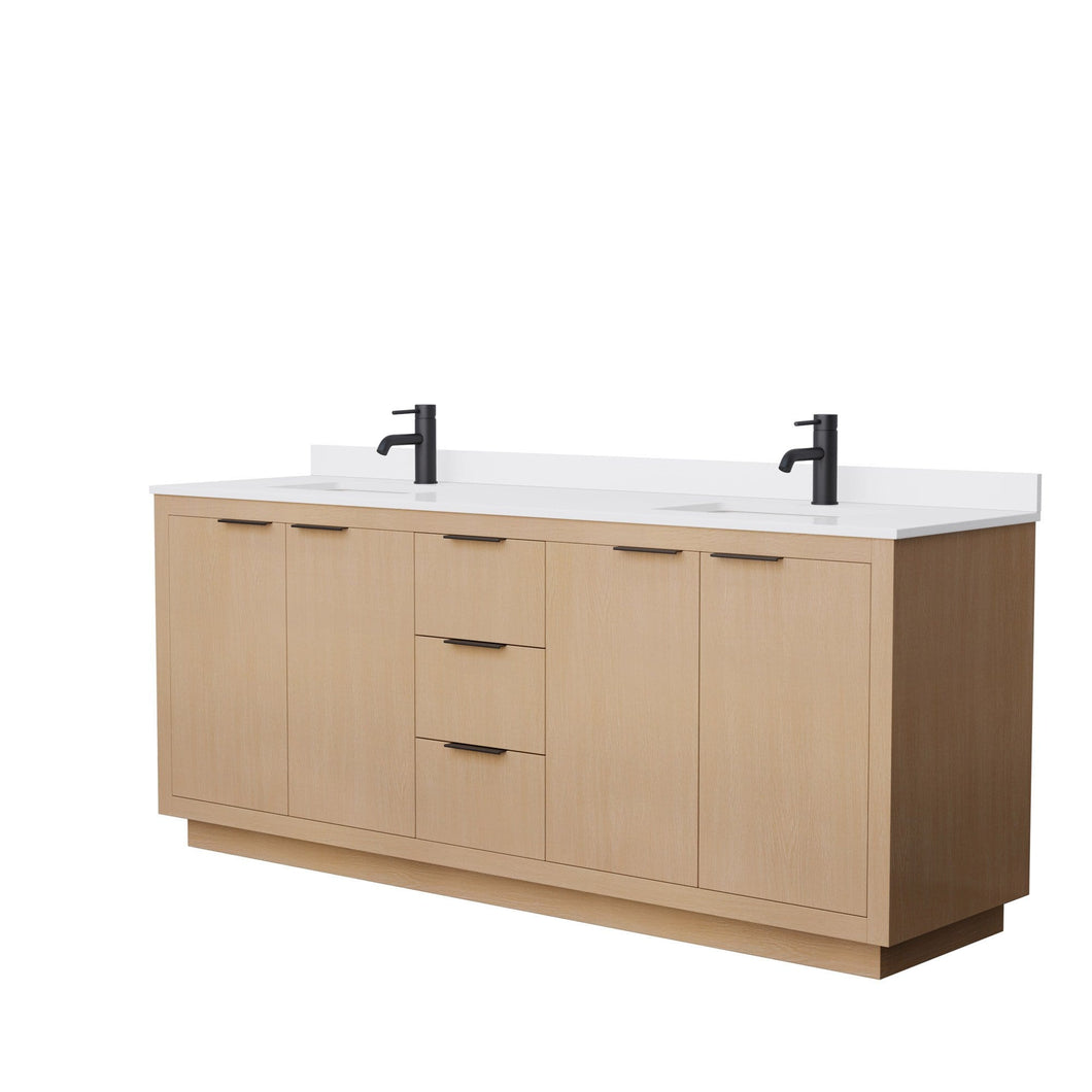 Wyndham Collection Vanity Wyndham Collection WCF282880DLBWCUNSMXX Maroni 80 Inch Double Bathroom Vanity in Light Straw, White Cultured Marble Countertop, Undermount Square Sinks, Matte Black Trim