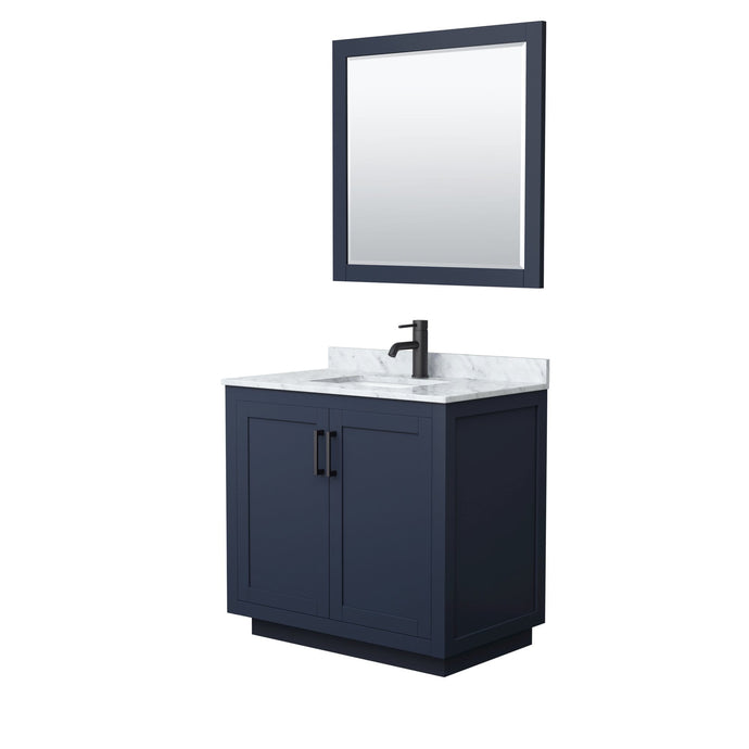 Wyndham Collection Vanity Wyndham Collection WCF292936SBBCMUNSM34 Miranda 36 Inch Single Bathroom Vanity in Dark Blue, White Carrara Marble Countertop, Undermount Square Sink, Matte Black Trim, 34 Inch Mirror