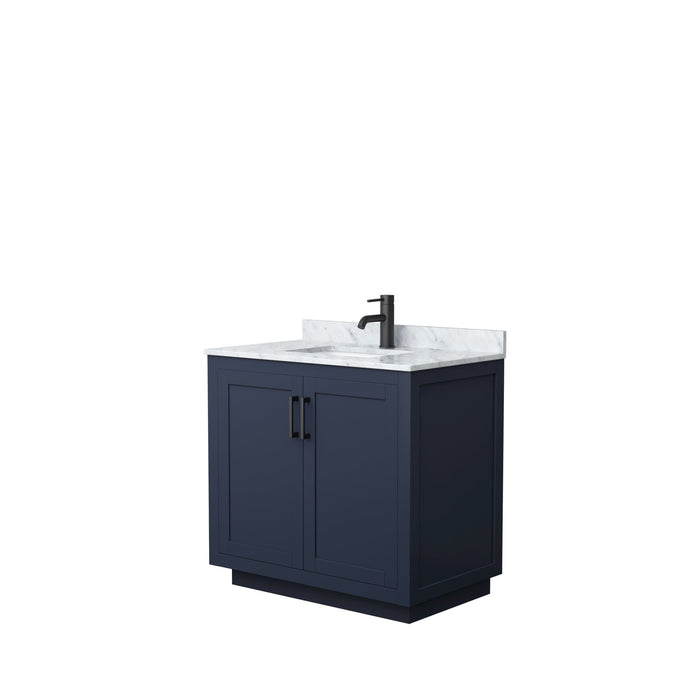 Wyndham Collection Vanity Wyndham Collection WCF292936SBBCMUNSMXX Miranda 36 Inch Single Bathroom Vanity in Dark Blue, White Carrara Marble Countertop, Undermount Square Sink, Matte Black Trim