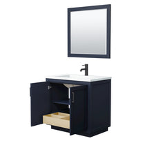 Load image into Gallery viewer, Wyndham Collection Vanity Wyndham Collection WCF292936SBBK1INTM34 Miranda 36 Inch Single Bathroom Vanity in Dark Blue, 1.25 Inch Thick Matte White Solid Surface Countertop, Integrated Sink, Matte Black Trim, 34 Inch Mirror